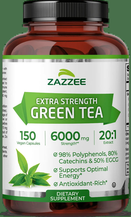 Zazzee Extra Strength Green Tea Extract 6000 Mg – 150 Vegan Capsules – 20:1 Potency – 50% EGCG / 98% Polyphenols – 5‑Month Supply – Vegan • Non-Gmo •Kosher• Made in USA